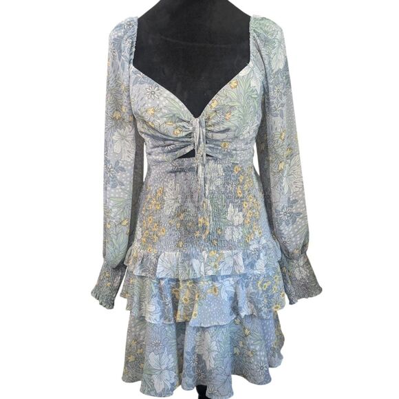 Astr Dresses & Skirts - ASTR the Label Marietta Blue Multi Floral Cutout Tiered Mini Dress Size M